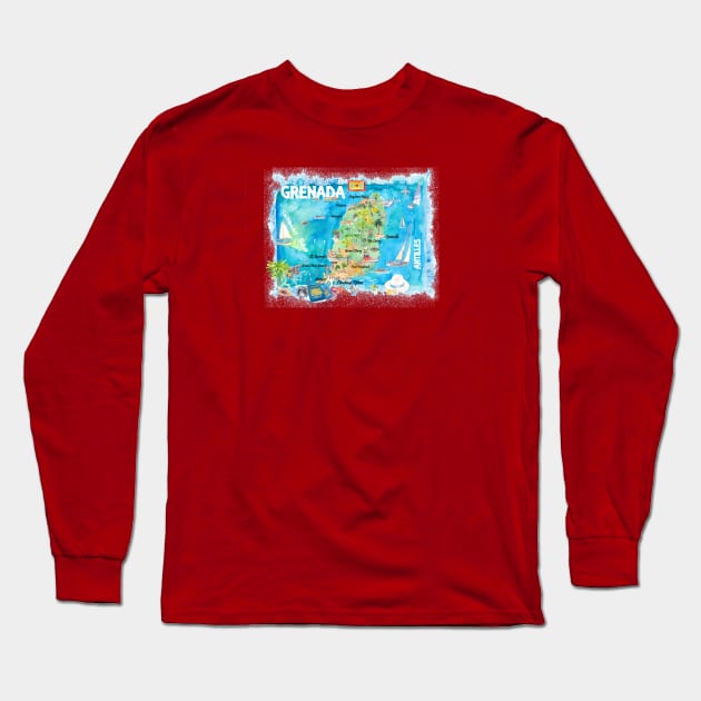 Grenada_Illustrated_Travel_Map_With_RoadsM Long Sleeve T-Shirt by artshop77